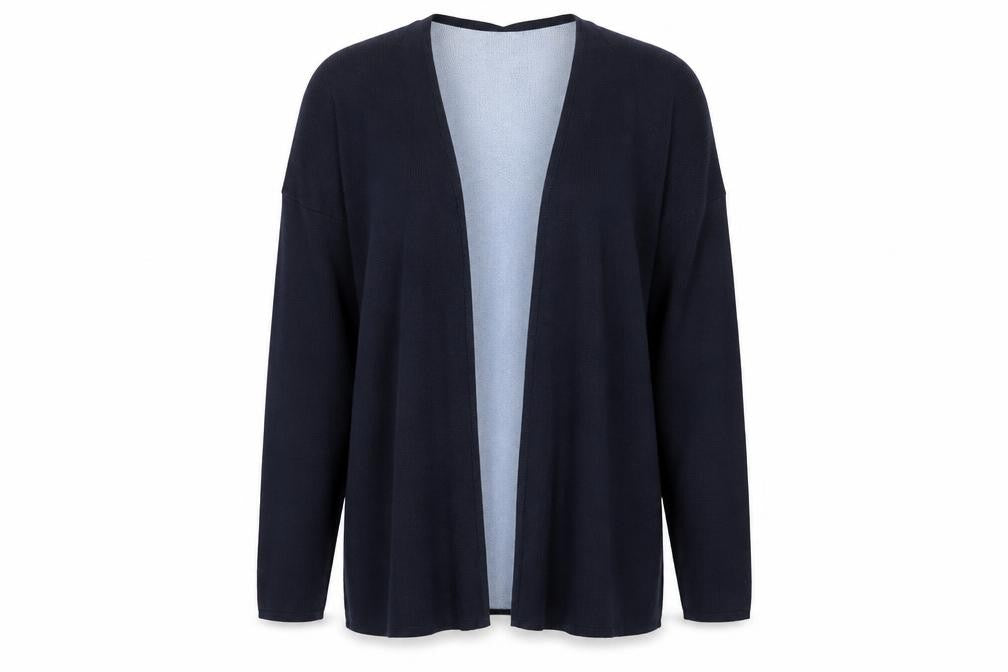 Front view of Marks & Spencer women’s blue v-neck polyamide cardigan jumper, size UK 10
