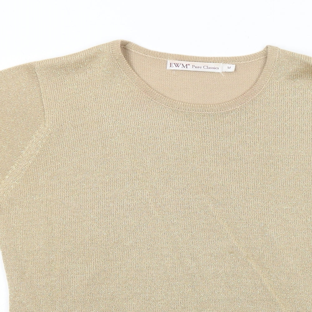 EWM Womens Gold Acrylic Basic Blouse Size M Crew Neck