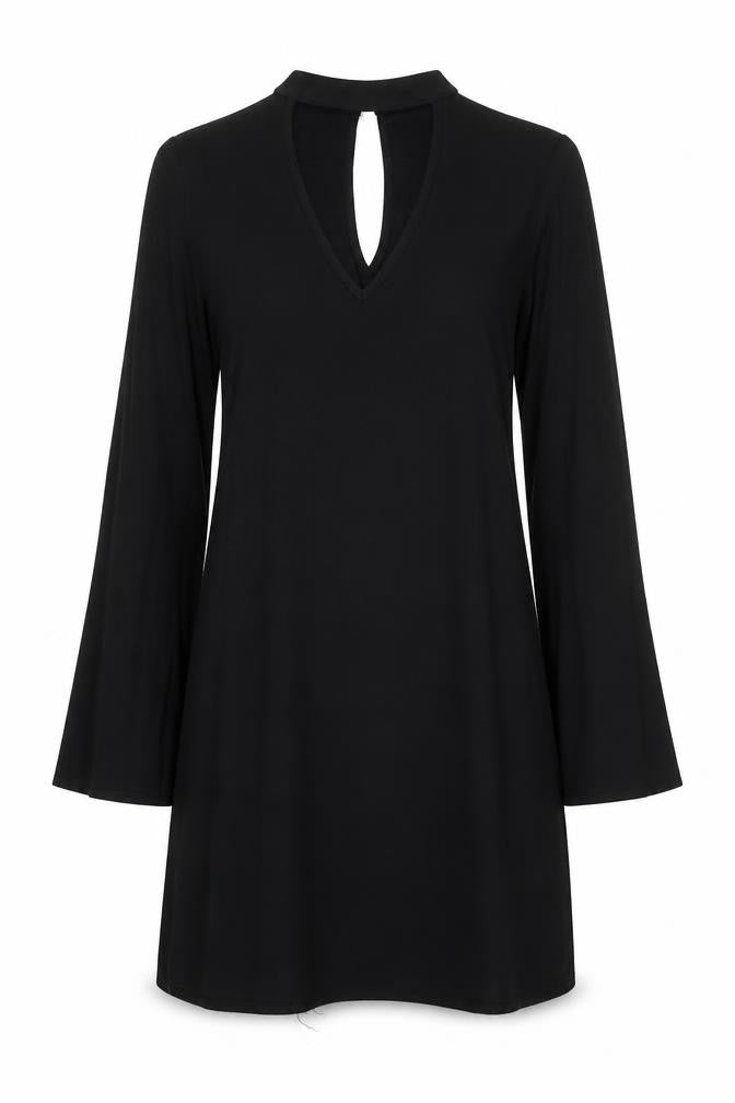 Front view of JustFab women’s black polyester a-line, size XS, v-neck button