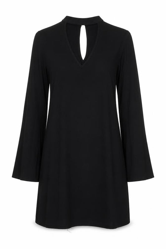 Front view of JustFab women’s black polyester a-line, size XS, v-neck button