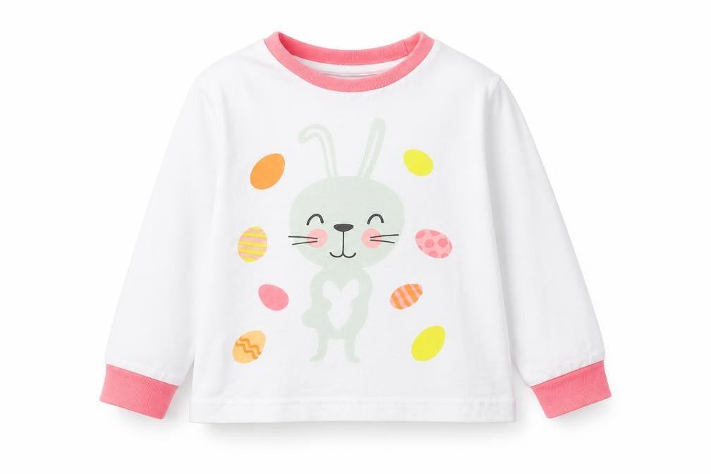 Front view of Easter girls’ white 100% cotton basic t-shirt, size 2-3, years round neck pullover - easter bunny