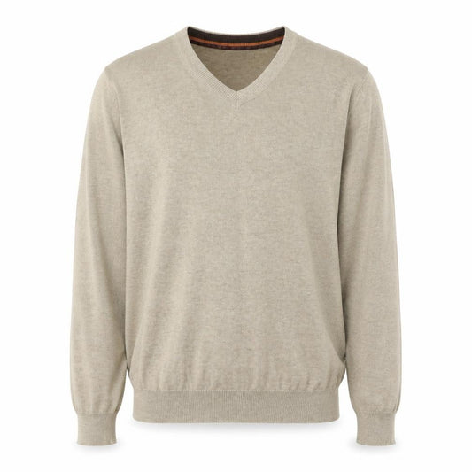 Front view of SandStone men’s beige v-neck cotton jumper, size M, long sleeve