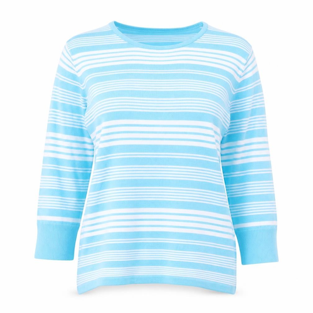 Front view of PARAMOUR women’s blue boat neck striped viscose jumper, size M
