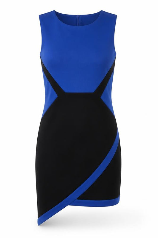Front view of Rage women’s blue polyester pencil dress, size UK 8, round neck zip