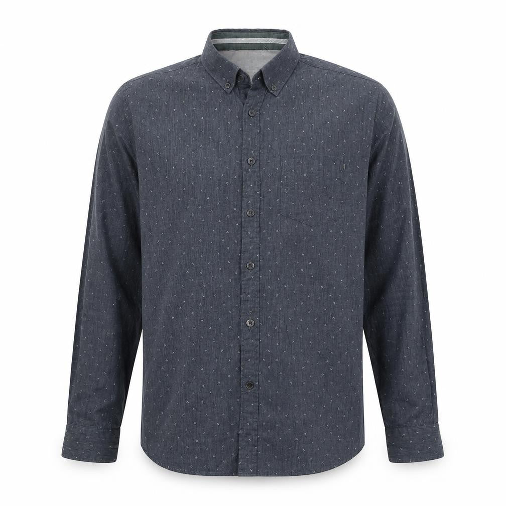 Front view of Steel & Jelly men’s grey geometric cotton button-up, size L, collared button