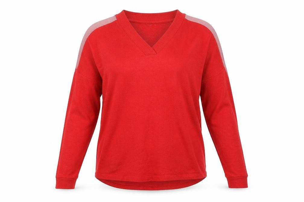 Front view of Next women’s red v-neck acrylic jumper, size UK 10
