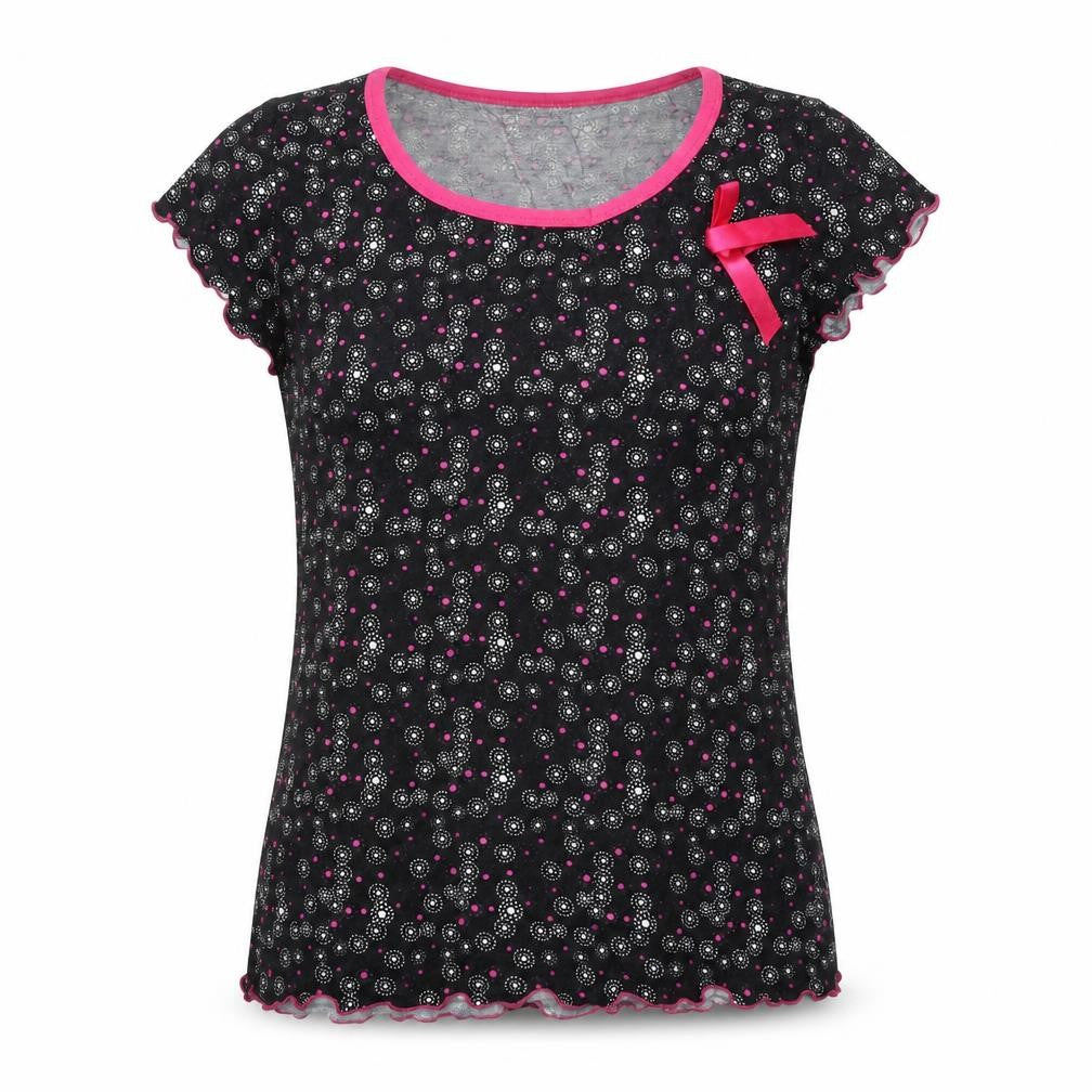 Front view of Nebula women’s black geometric polyester basic t-shirt, size M, round neck - lettuce hem
