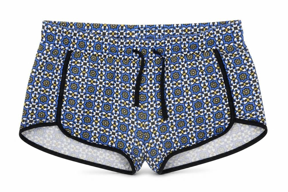 Front view of Topshop women’s blue geometric polyester sweat shorts, size UK 10, regular drawstring