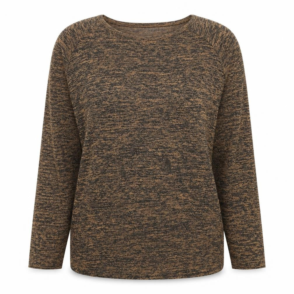 Front view of Topshop women’s brown round neck geometric viscose jumper, size UK 10