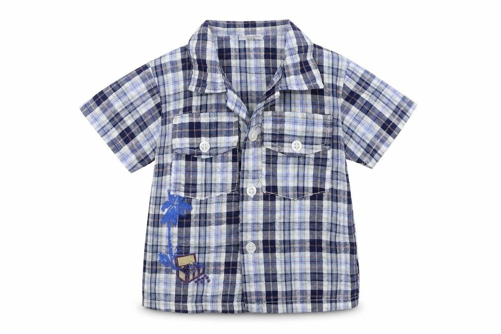 Front view of Stomp boys’ blue plaid cotton basic button-up, months collared button - age 6-12 months, treasure chest