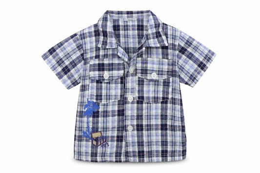 Front view of Stomp boys’ blue plaid cotton basic button-up, months collared button - age 6-12 months, treasure chest