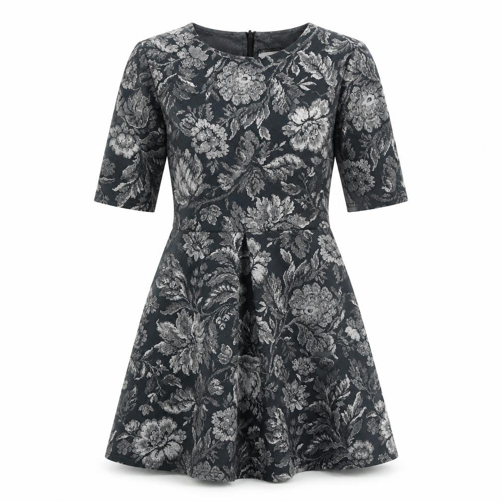 Front view of Warehouse women’s green floral polyester a-line, size UK 12, round neck zip