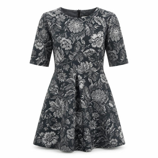 Front view of Warehouse women’s green floral polyester a-line, size UK 12, round neck zip
