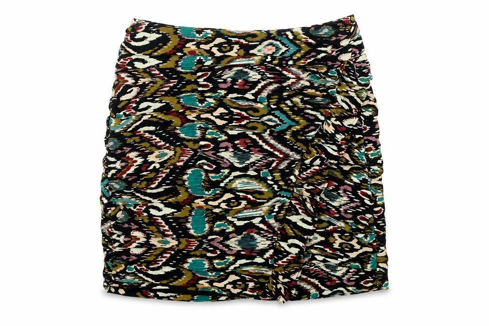 Front view of Zara women’s multicoloured geometric polyester mini skirt, size XS, zip
