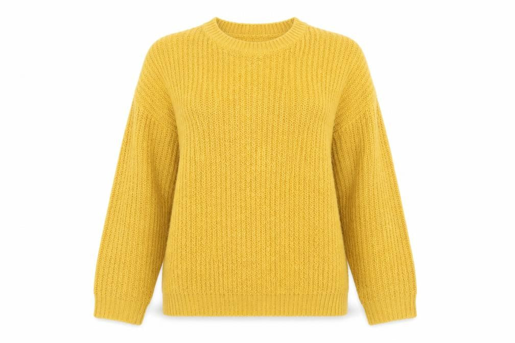 Front view of New Look women’s yellow round neck acrylic jumper, size M