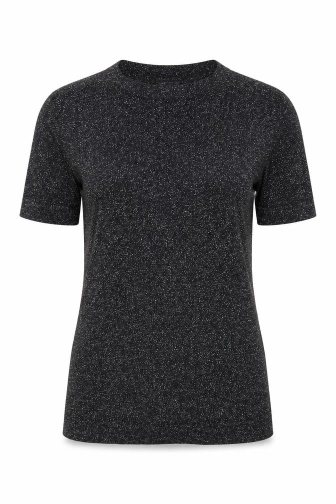 Front view of Warehouse women’s black viscose basic t-shirt, size UK 8, round neck