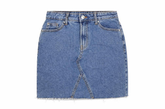 Front view of Denim & Co. women’s blue cotton bandage skirt, size UK 8, zip