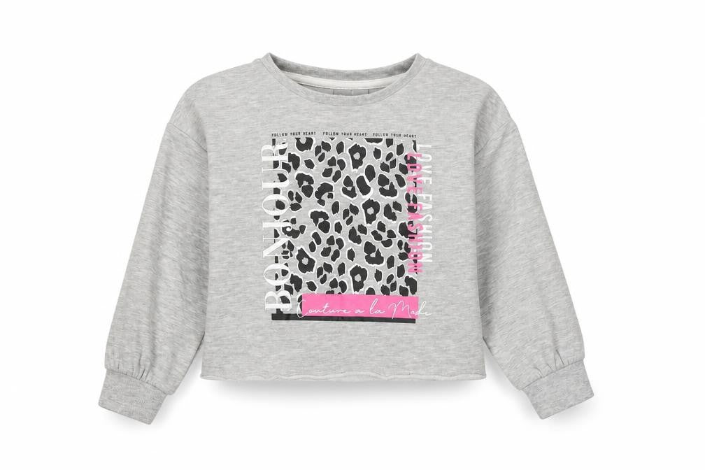 Front view of Matalan girls’ grey viscose pullover sweatshirt, size 6, years pullover - bonjour