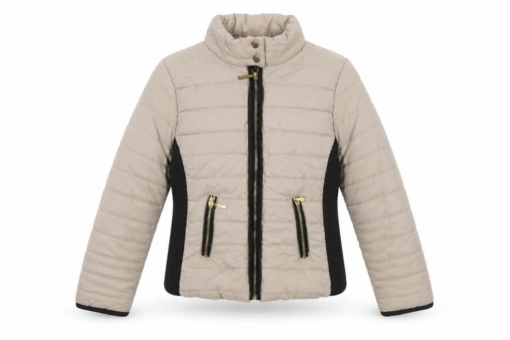 Front view of Preworn women’s beige puffer jacket jacket, size S, zip