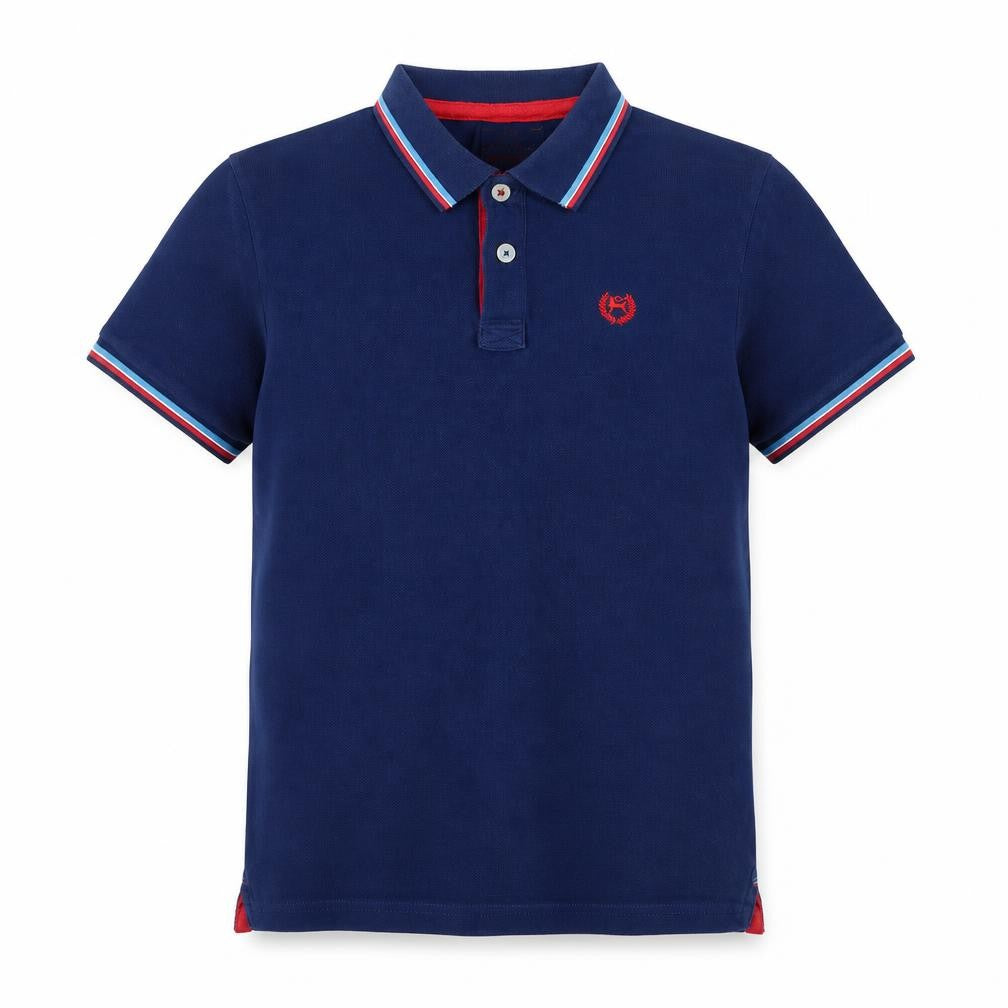 Front view of Alcott & Co boys’ blue polyester pullover polo, size L, collared button