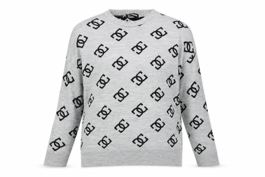 Missy Empire Womens Grey Round Neck Geometric Acrylic Pullover Jumper Size 8
