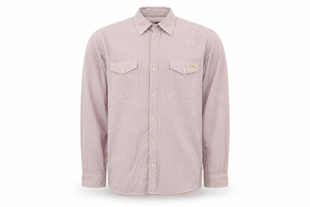 Front view of Marks & Spencer men’s red striped cotton button-up, size L, collared button