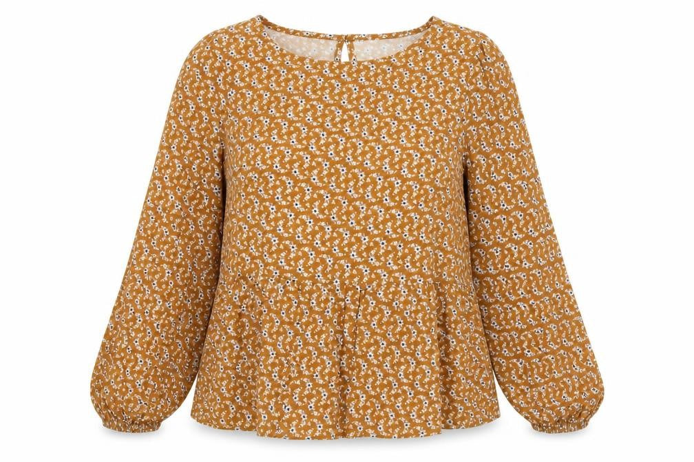 Front view of Preworn women’s brown geometric polyester basic blouse, size UK 12, round neck