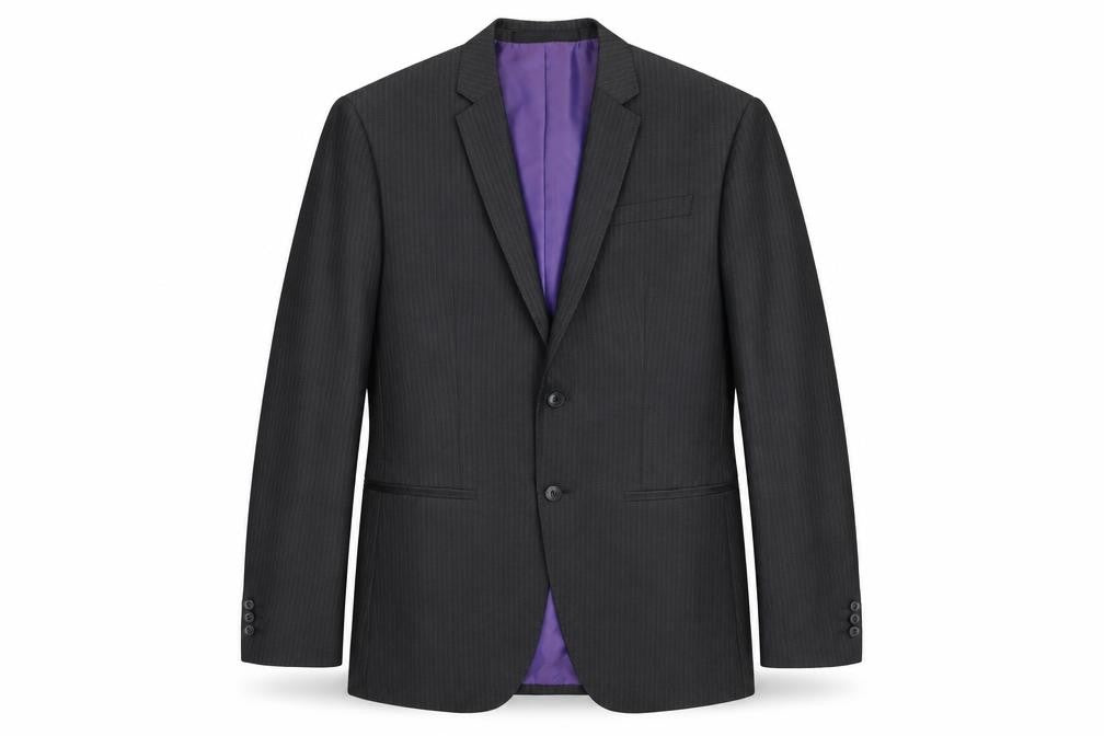 Front view of Marks & Spencer men’s grey striped polyester jacket suit jacket, size 38, regular