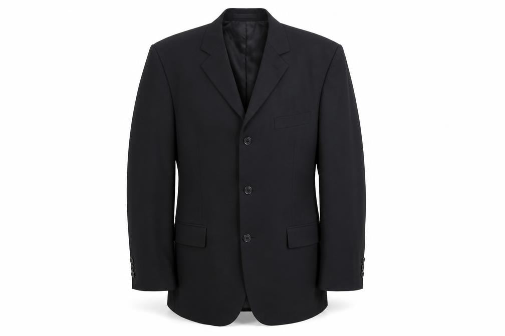 Front view of Burton men’s black wool jacket suit jacket, size 40, regular