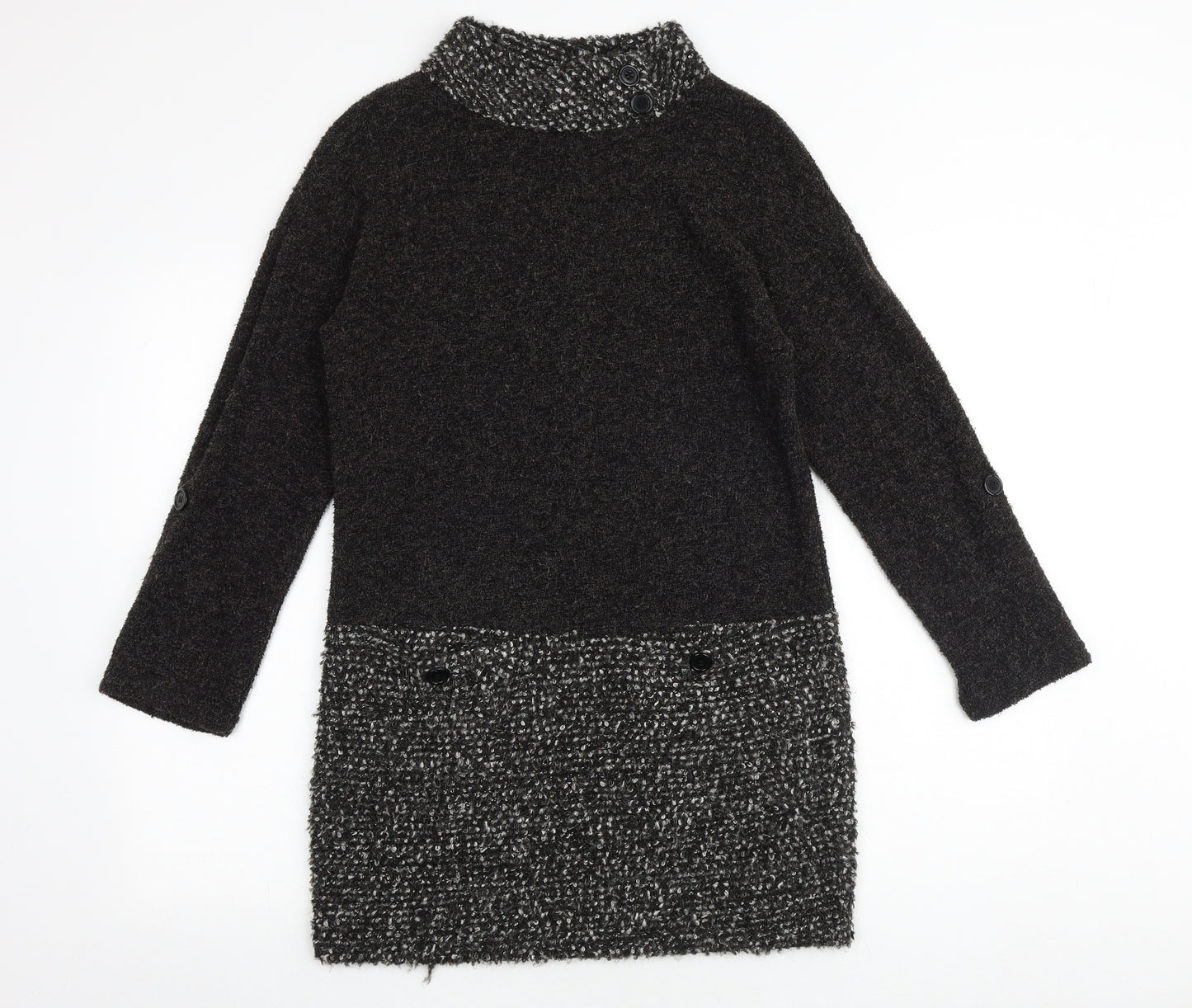 Klass Womens Brown Colourblock Acrylic Jumper Dress Size S High Neck Pullover - Button Pockets