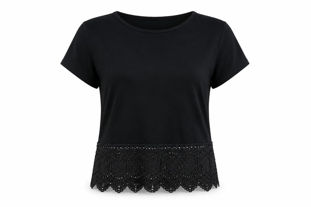Boohoo Womens Black Viscose Basic T-Shirt Size 8 Round Neck - Crochet Hem