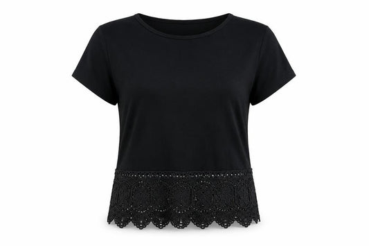 Front view of Boohoo women’s black viscose basic t-shirt, size UK 8, round neck - crochet hem