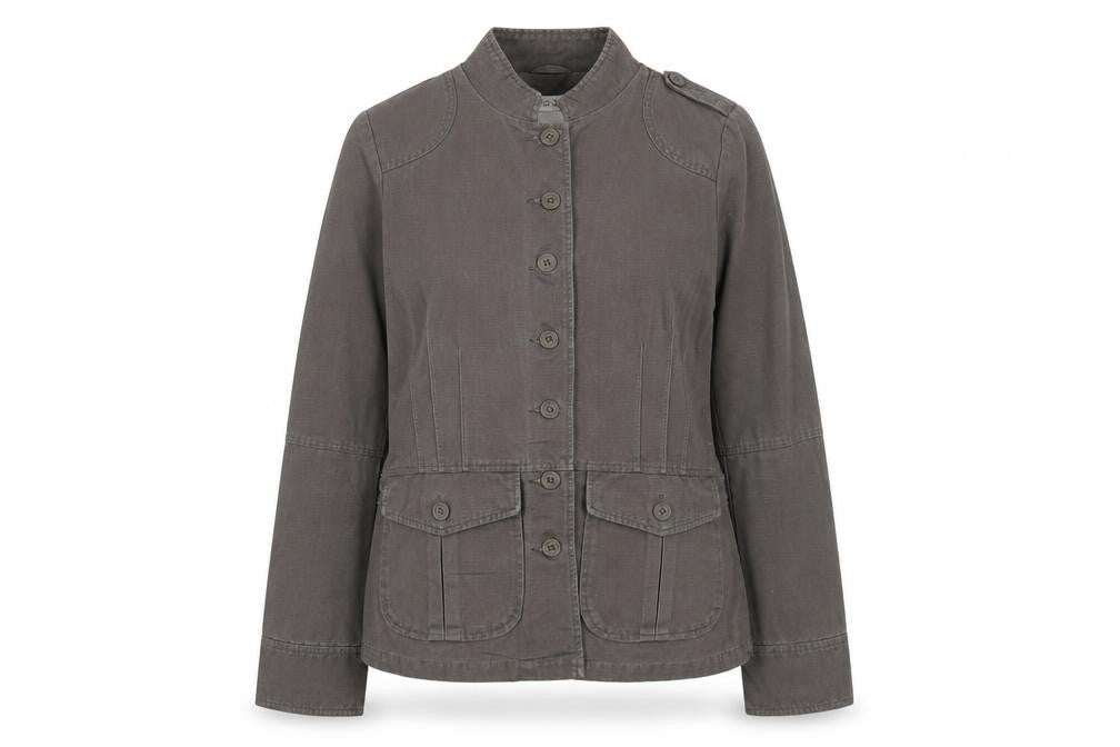 Front view of Quiz women’s grey jacket, size UK 10, button