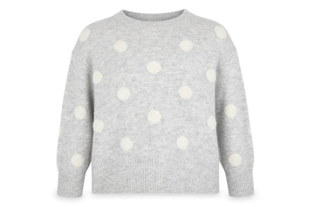 Front view of H&M women’s grey round neck polka dot acrylic jumper, size M