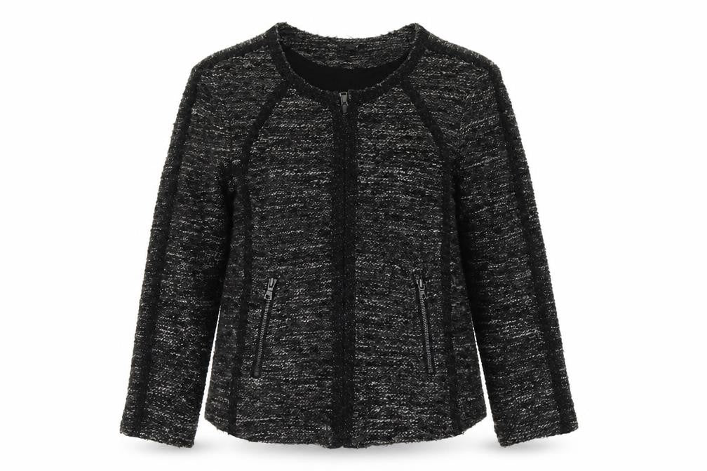 Front view of Ann Taylor women’s grey geometric jacket, size M, zip