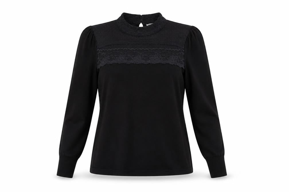Front view of Warehouse women’s black round neck acrylic jumper, size UK 10