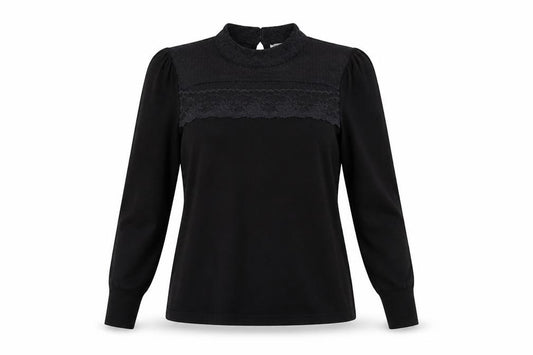 Front view of Warehouse women’s black round neck acrylic jumper, size UK 10