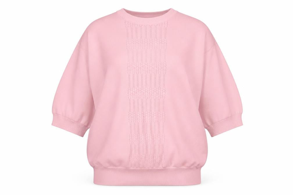 Front view of Classics women’s pink round neck polyester jumper, size UK 14