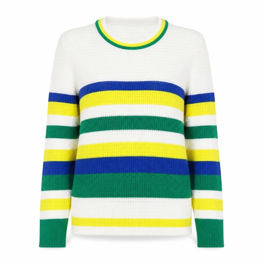 Front view of Stradivarius women’s multicoloured round neck striped cotton jumper, size L