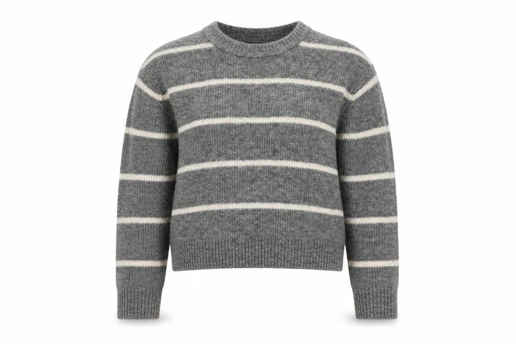 Front view of H&M women’s grey round neck striped acrylic jumper, size S