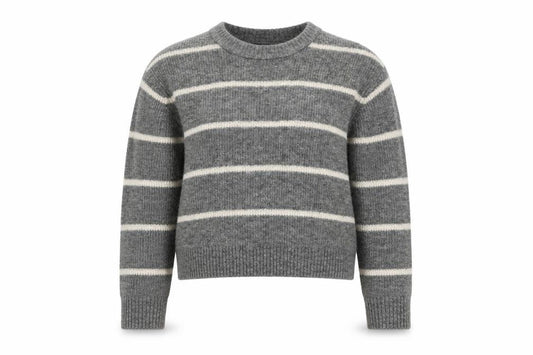 Front view of H&M women’s grey round neck striped acrylic jumper, size S