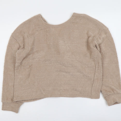 New Look Womens Beige V-Neck Polyester Pullover Jumper Size L - Fluffy Knot Detail