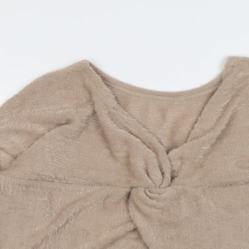 New Look Womens Beige V-Neck Polyester Pullover Jumper Size L - Fluffy Knot Detail