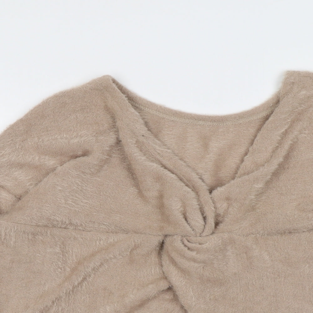 New Look Womens Beige V-Neck Polyester Pullover Jumper Size L - Fluffy Knot Detail