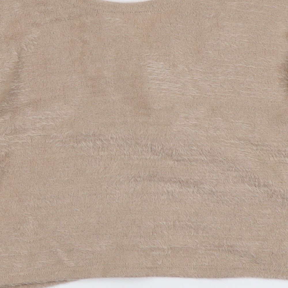 New Look Womens Beige V-Neck Polyester Pullover Jumper Size L - Fluffy Knot Detail