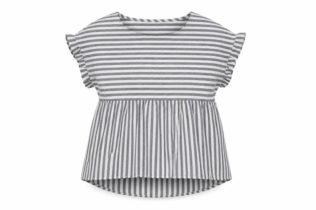 Front view of SHEIN women’s grey striped polyester basic blouse, size M, round neck