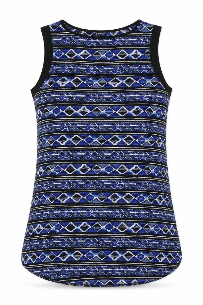 Front view of Papaya women’s blue geometric polyester basic tank, size UK 14, round neck