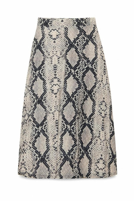 Front view of PRETTYLITTLETHING women’s beige animal print polyester a-line skirt, size UK 8, zip - snake skin print