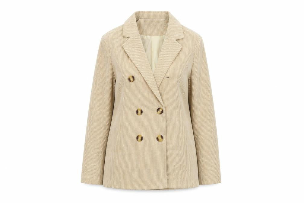 Front view of PRETTYLITTLETHING women’s beige jacket, size UK 4, button