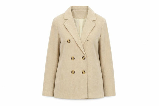 Front view of PRETTYLITTLETHING women’s beige jacket, size UK 4, button